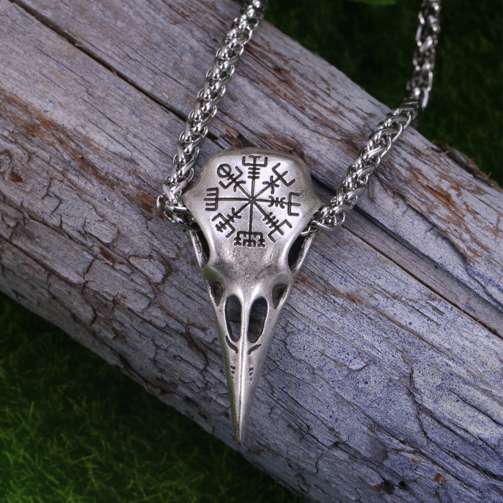 Nordic Vikings Vegvisir and Raven Skull Amulet Pendant Necklace ...